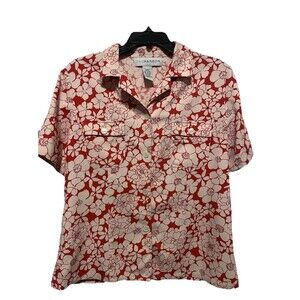 Vintage Sag Harbor Women’s Silk Short Sleeve Button Up Blouse Red Floral Small